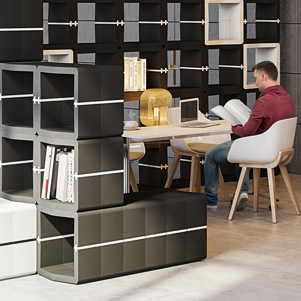 Black and white freestanding U-CUBE room divider and office shelving