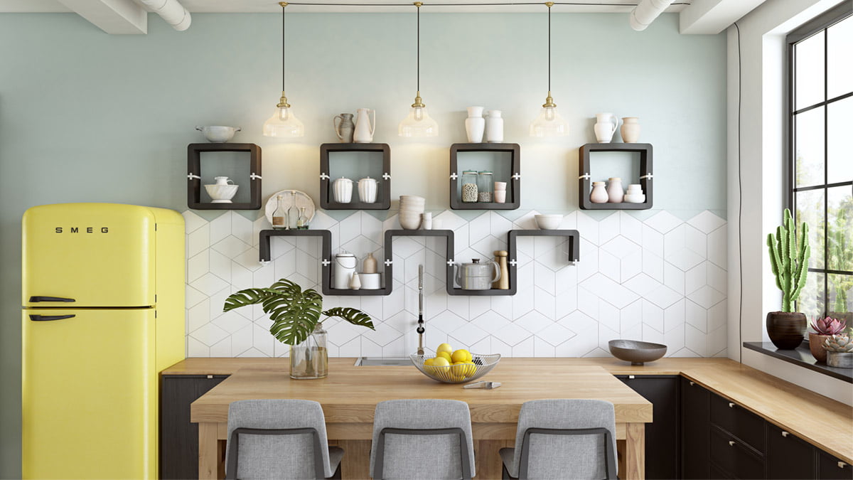 Black U-CUBE floating shelves on a kitchen wall
