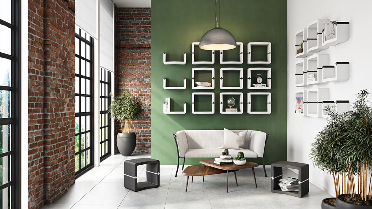 Black U-CUBE wall shelves on a green wall in a living room
