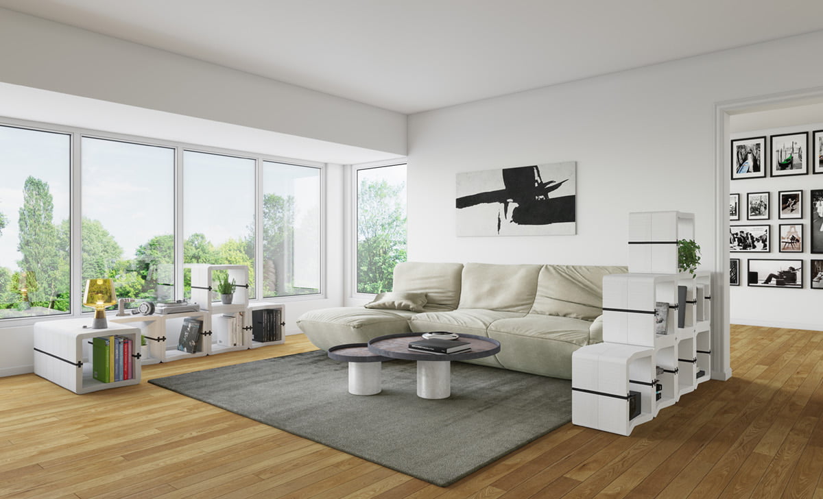 Low U-CUBE sideboard and room divider made from white modules in a living room