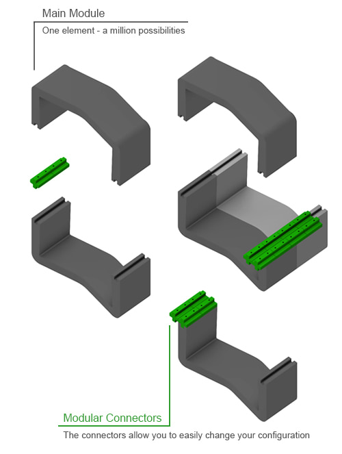 Exploded drawing of the U-CUBE main module and the modular connectors